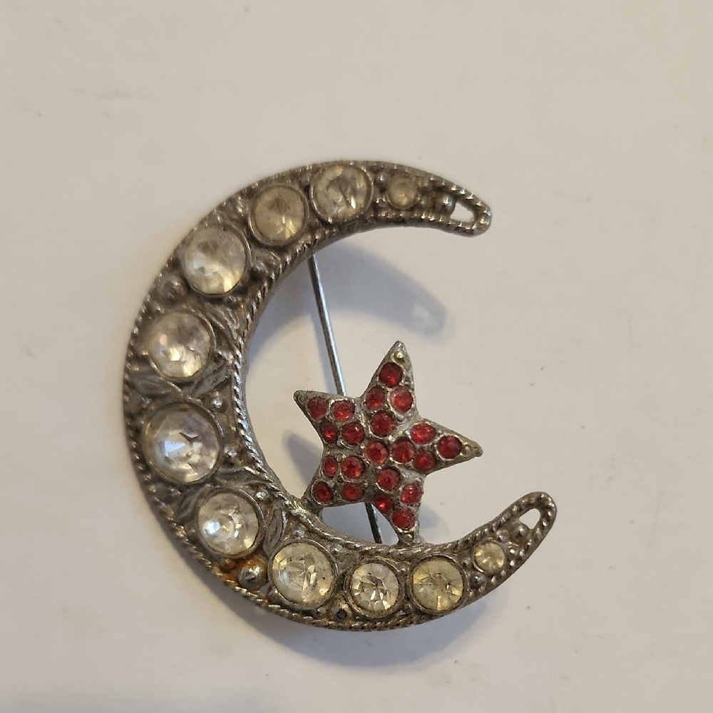 Silver-Tone Crescent Moon & Red Star Brooch